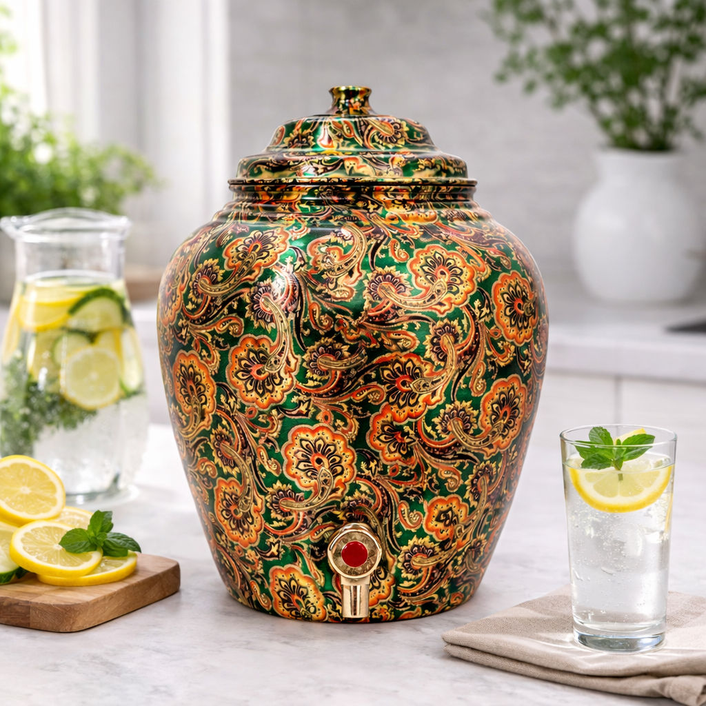 Handcrafted Pure Copper Water Pot With Printed Flower Design